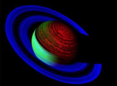 Imagen divulgada por la agencia espacial Nasa que muestra el planeta Saturno donde resaltan los colores azul eléctrico, turquesa y verde del planeta