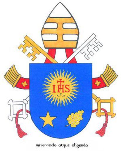 El escudo es el mismo que tenía en su obispado, con el emblema de la Compañía de Jesús. Para su pontificado será ligeramente modificado.