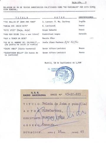 Lista de obras que fueron vetadas en septiembre de 1969 entre las que figura 'La balada de John y Yoko'.