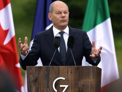 El canciller alemán, Olaf Scholz, durante una conferencia de prensa celebrada ayer tras la reunión del G7.