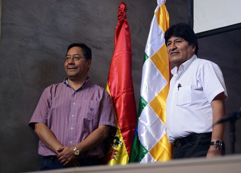 Luis Arce and Evo Morales during a press conference in Buenos Aires, Argentina on January 27, 2020.