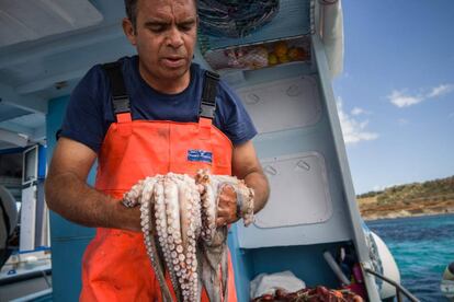 Rosario Ritunno con dos pulpos recién pescados.