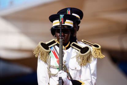 Honor guards during the arrival ceremony of Pope Francis at the Juba airport. 