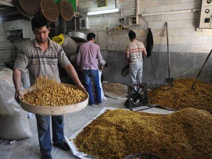 Un hombre trabaja los pistachos en una peque&ntilde;a f&aacute;brica en Teher&aacute;n, Ir&aacute;n. &nbsp;