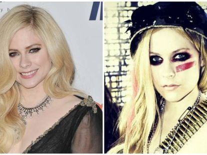 Avril Lavigne en dos imágenes muy distintas en las que se observa su cambio de estética. 