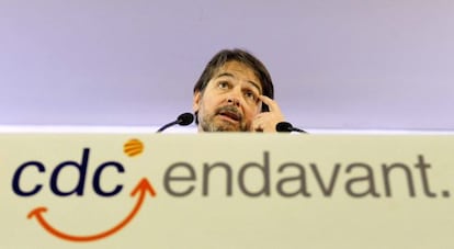 Oriol Pujol, durant la roda de premsa en la qual va anunciar que delegava els seus càrrecs de secretari general del partit i de president de CiU.