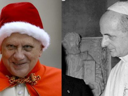 A la izquierda Benedicto XVI con el 'camauro', el antiguo gorro que despertó tanta curiosidad. A la derecha, Pablo VI, papa entre 1963 y 1978.