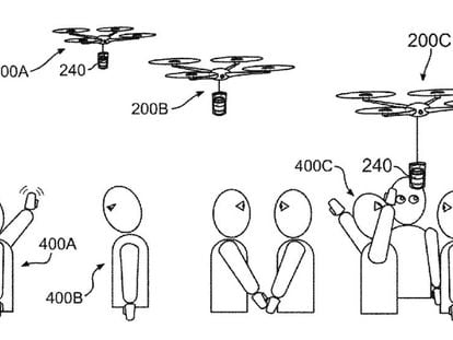 Imagen del funcionamiento del sistema de drones para repartir café patentado por IBM. 