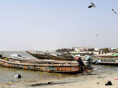 Des bateaux de pêche dans les eaux de Ndiebene-Gandiol, près de Saint-Louis (Sénégal). 