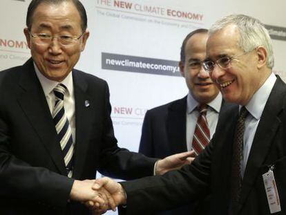 El secretario general de la ONU, Ban Ki-moon, el presidente de M&eacute;xico, Felipe Calder&oacute;n y el profesor Lord Stern.