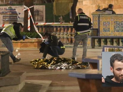 Policías inspeccionan la zona del ataque, con el cadáver del sacristán fallecido, el 25 de enero; y en el recuadro, la fotografía de Yassine Kanjaa.