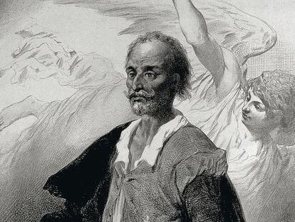 Retrato de Miguel de Cervantes. Litografía de Célestin Nanteuil, realizada en el siglo XIX.