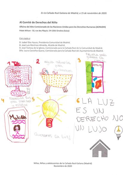 Carta número 36 de niños de la Cañada Real que han mandado a Ayuso, Almeida, los comisionados y la ONU.