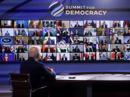 Joe Biden, este jueves, en la inauguración de la cumbre internacional de líderes por la democracia, celebrada de forma virtual y promovida por Washington.