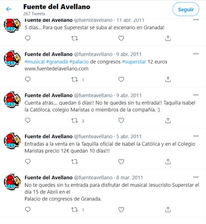 Perfil de Twitter de la asociación de Guillermo García que muestra su vinculación con el colegio en 2011, al año siguiente de una denuncia por abusos contra él: además de realizar los ensayos en sus instalaciones, la venta de entradas era en el propio colegio.