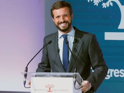 El presidente del PP; Pablo Casado, durante el 23 Congreso Nacional de la Empresa Familiar celebrado este lunes en Casa América, en Madrid.