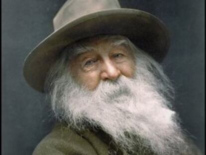 Un retrato de Walt Whitman coloreado por History Colors.