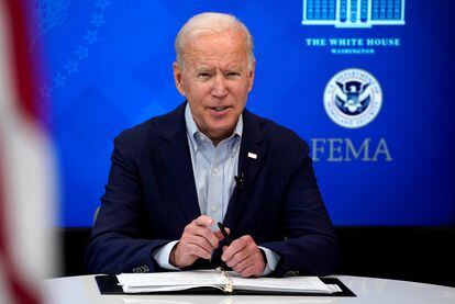 El presidente Joe Biden, este sábado, en una reunión informativa sobre el huracán Ida, que se acerca a Estados Unidos.