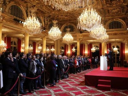 El presidente franc&eacute;s, Emmanuel Macron, pronuncia el discurso a la prensa, el pasado mi&eacute;rcoles 3 de enero de 2018, en el Palacio del Eliseo, en Par&iacute;s (Francia). 