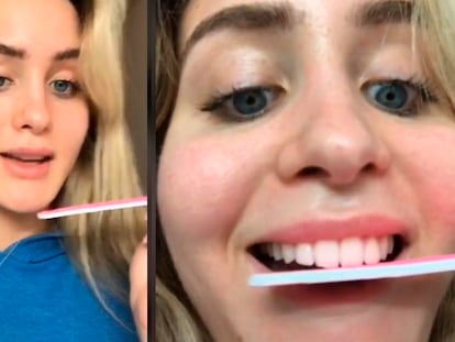 Una mujer se lima los dientes como parte de un reto viral que supuestamente persigue conseguir una dentadura perfecta.