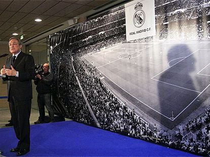 Florentino Pérez, durante su rueda de prensa en el Bernabéu.