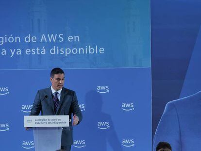 El presidente del Gobierno, Pedro Sánchez, durante un evento de Amazon Web Services (AWS), en Madrid.