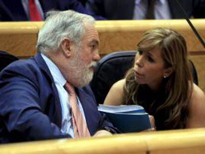 El ministro de Agricultura, Miguel Ángel Arias Cañete (i), conversa con la líder del PPC, Alicia Sánchez-Camacho (d), durante la sesión de control al Gobierno en el pleno del Senado celebrado esta tarde.