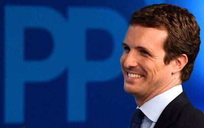 Pablo Casado, líder del Partido Popular. el domingo 28 por la noche, tras conocer los resultados electorales.
