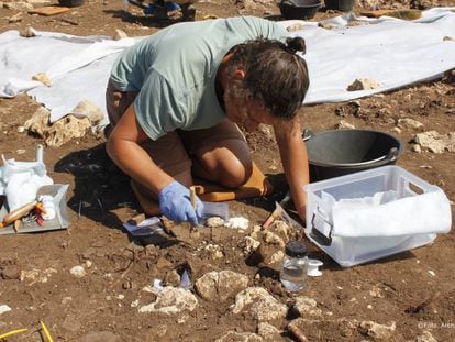 Un arqueólogo trabaja en las excavaciones de Castillejos de Alcorrín (Málaga).