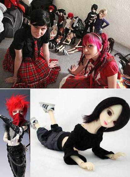 Arriba, dos adolescentes durante el Salón del Manga celebrado el mes pasado en Madrid. Abajo, dos <i>ball jointed dolls</i> (BJD), muñecas articuladas que, llegadas de Japón, Corea y China, hacen furor en Occidente.