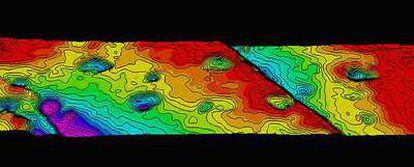 Vista parcial del modelo tridimensional de las pisadas de dinosaurios conservadas en la antigua explotación de carbón de Fumanya que permite estudiarlas virtualmente.