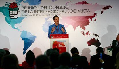 Pedro Sánchez, en un momento de su discurso en la Internacional Socialista.