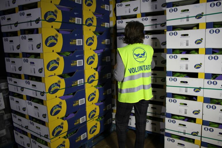 Cajas de plátanos de Canarias, en un banco de alimentos.
