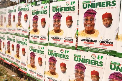 Carteles del candidato opositor y uno de los favoritos en las elecciones de Nigeria, Atiku Abubakar, en Abeokuta, en el suroeste de Nigeria, el pasado 18 de enero.