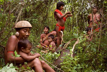 Unas mujeres y niños yanomami descansan en la selva amazónica brasileña.