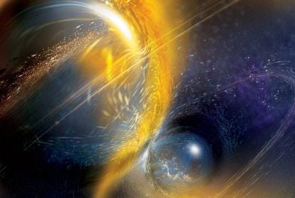 Representación de la fusión de dos estrellas de neutrones captada por el detector LIGO.