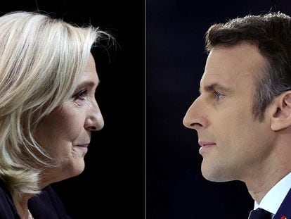 A la izquierda, la candidata de ultraderecha, Marine Le Pen. A la derecha, el candidato y actual presidente de Francia, Emmanuele Macron, ambos fotografiados en 2022.