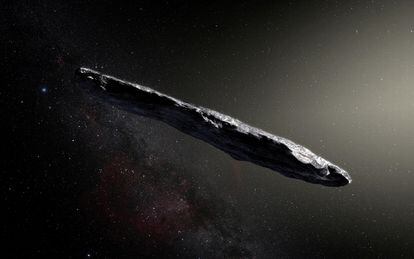 Recreación artística del objeto denominado Oumuamua, que atravesó el sistema solar.