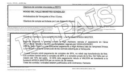 Documento interno de la Banca Privada d'Andorra (BPA) sobre las cuentas y sociedades en esta entidad de la actual embajadora de Venezuela en el Reino Unido, Rocío del Valle Maneiro.