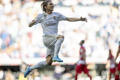 Luka Modric celebra el tercer gol del Real Madrid.