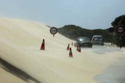 La duna de Valdevaqueros ha invadido la carretera CA-2325 que da acceso a Punta Paloma en Tarifa (Cádiz).