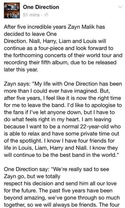Comunicado de Zayn Malik anunciando su salida de la banda.