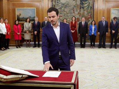 Alberto Garzón jura su cargo como ministro de Consumo este lunes en el Palacio de la Zarzuela.