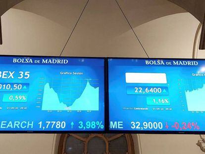 Vista del indicador del Ibex 35 en la Bolsa española en Madrid.