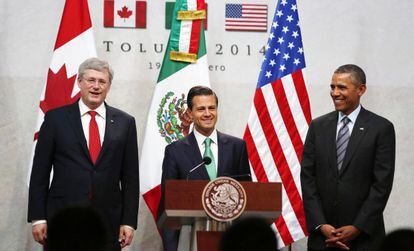 Obama, Pe&ntilde;a Nieto y Harper, en la cumbre de Toluca (m&eacute;xico) este mi&eacute;rcoles.