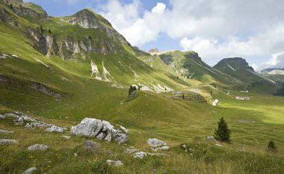 Panorámica del Piani eterni, un verde valle glaciar en los Dolomitas de Belluno.