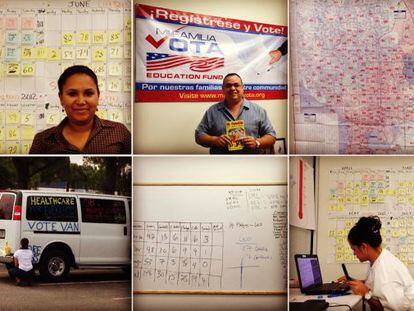 Paloma Gómez (arriba, izda.), Wilfred Benítez y Laydis Cabezas forman parte del equipo de Mi Familia Vota que ha registrado a 11.500 votantes hispanos en Tampa, Florida.
