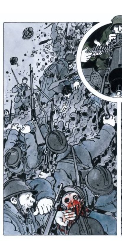 Detalle de una página de cómic de Jacques Tardi que muestra el horror en las trincheras.