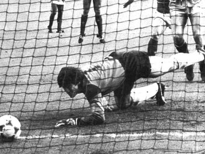 El portero espa&ntilde;ol Arconada encaja el primer gol en la final de la Eurocopa de 1984 ante Francia.