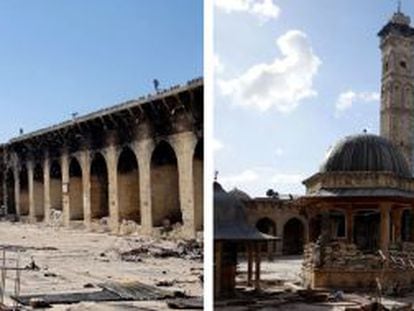 Dos imágenes del Alepo Media Center muestran, a la izquierda, la mezquita hoy, sin minarete, y a la derecha, el pasado 6 de marzo.